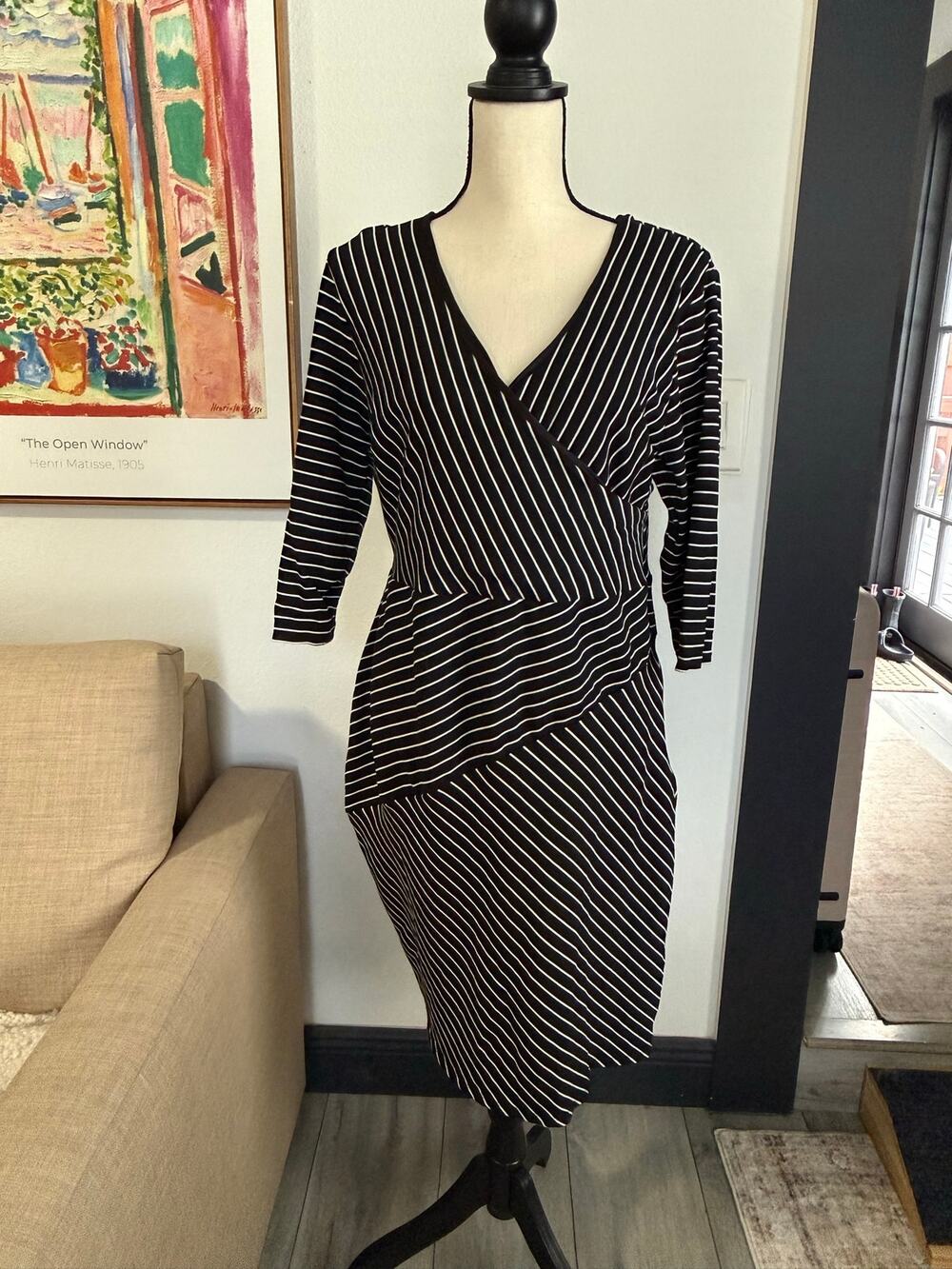 Black White Striped Faux Wrap Sheath Dress XL 3/4 Sleeve Lined